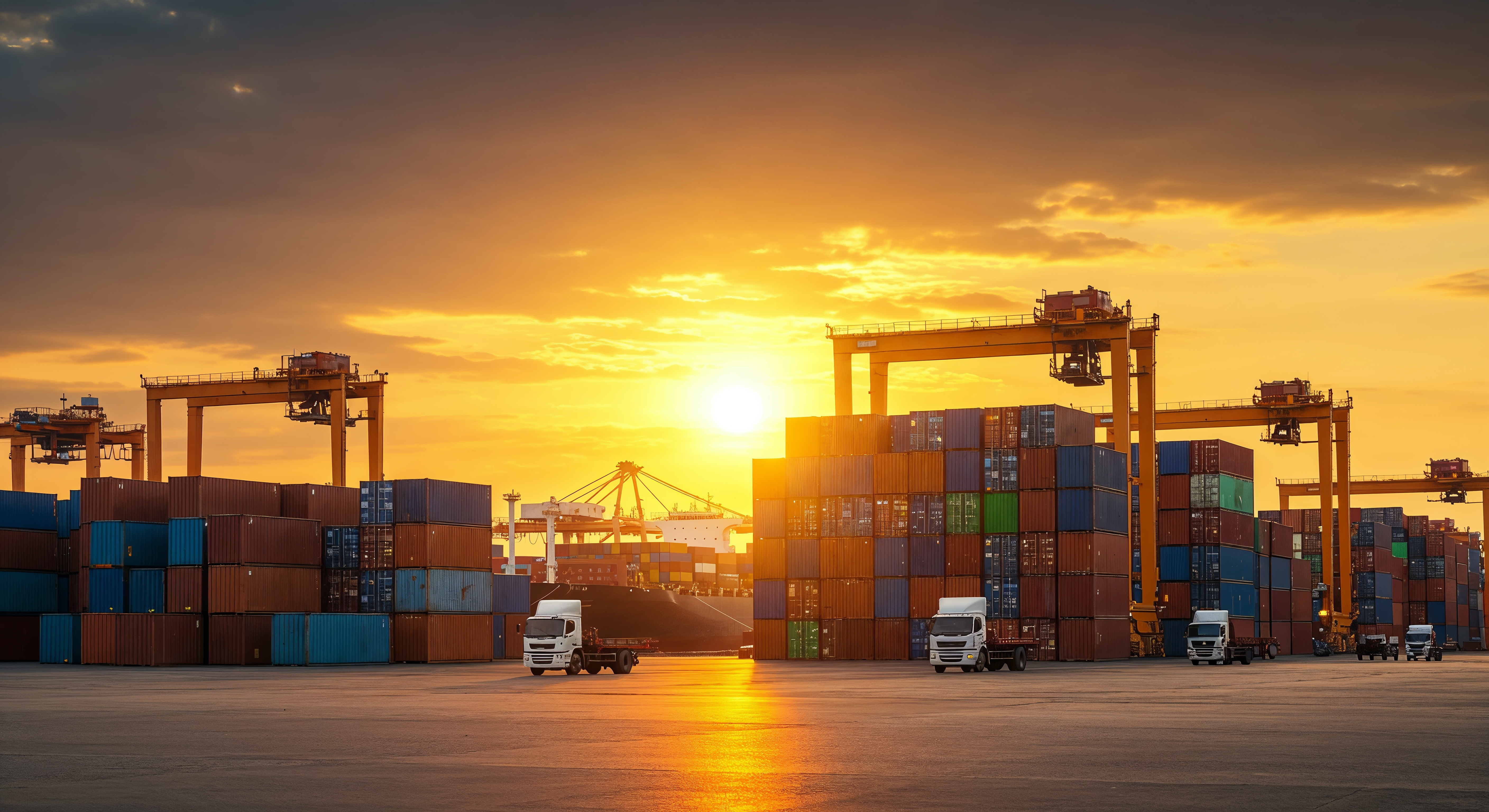 Shipping containers trucks cargo port sunset