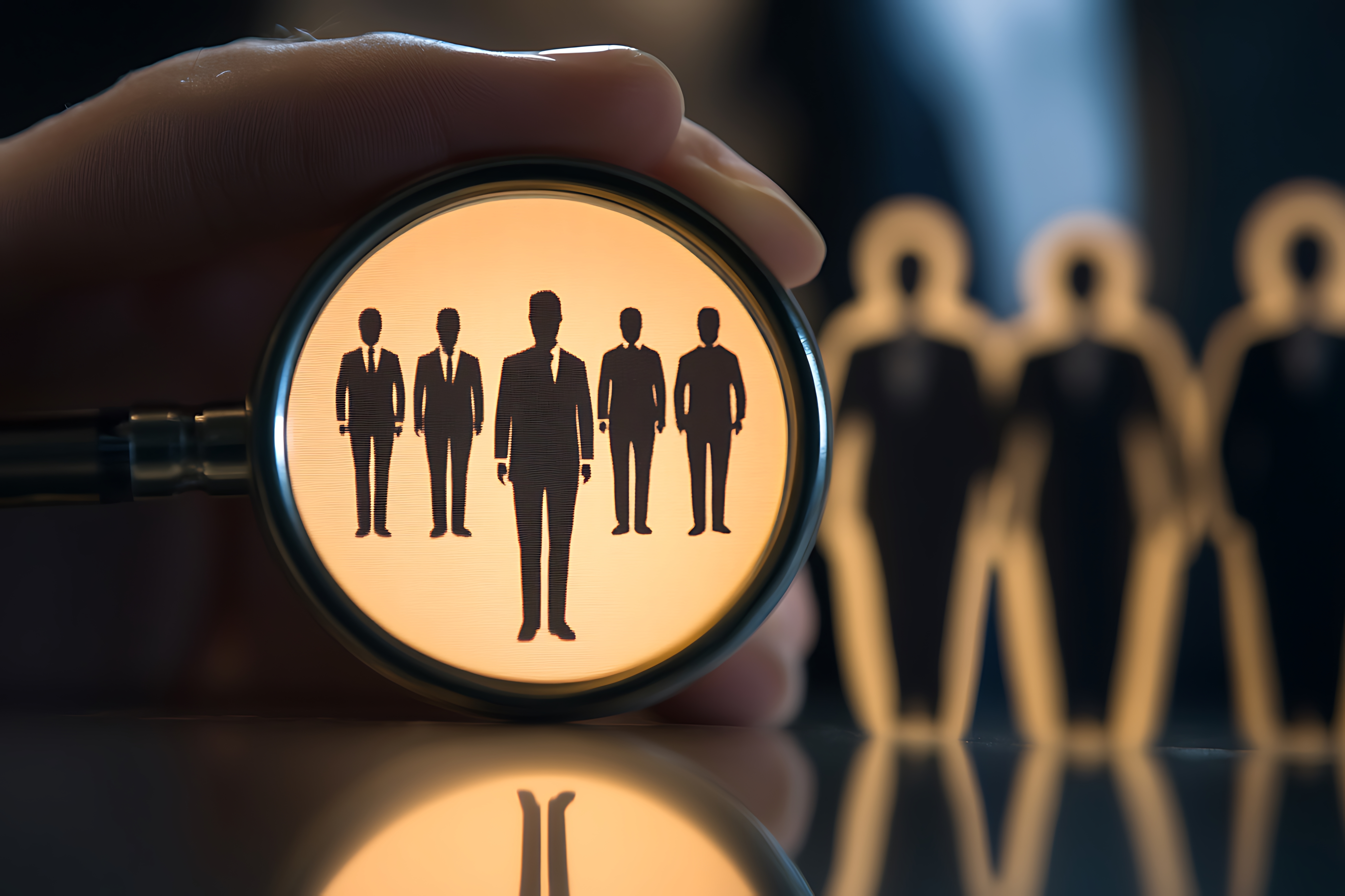 Hand holding magnifying glass with picture men middle